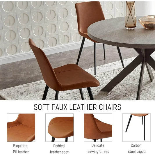 47" Round Dining Table Set for 4–6, Mid-Century Modern Table with PU Leather Chairs, Steel Legs, Easy Assembly