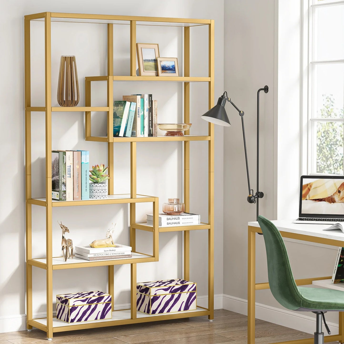 Modern Gold Display Bookshelf with Faux Marble – 8 Open Shelves Geometric Etagere for Living Room or Office