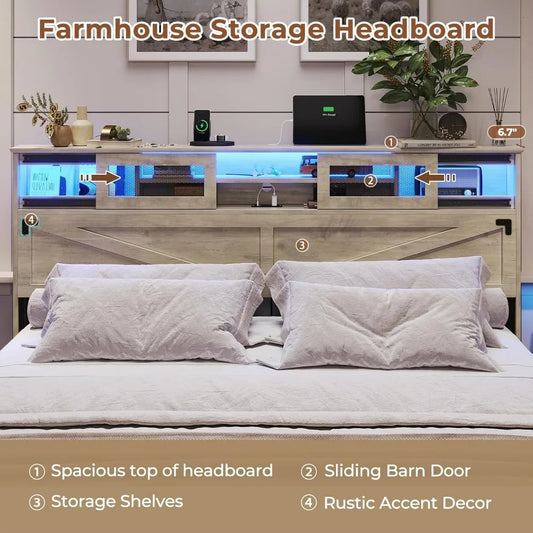King Farmhouse Bed Frame with Bookcase Headboard, Drawers & LED Lights – Rustic Oak Platform, No Box Spring Needed