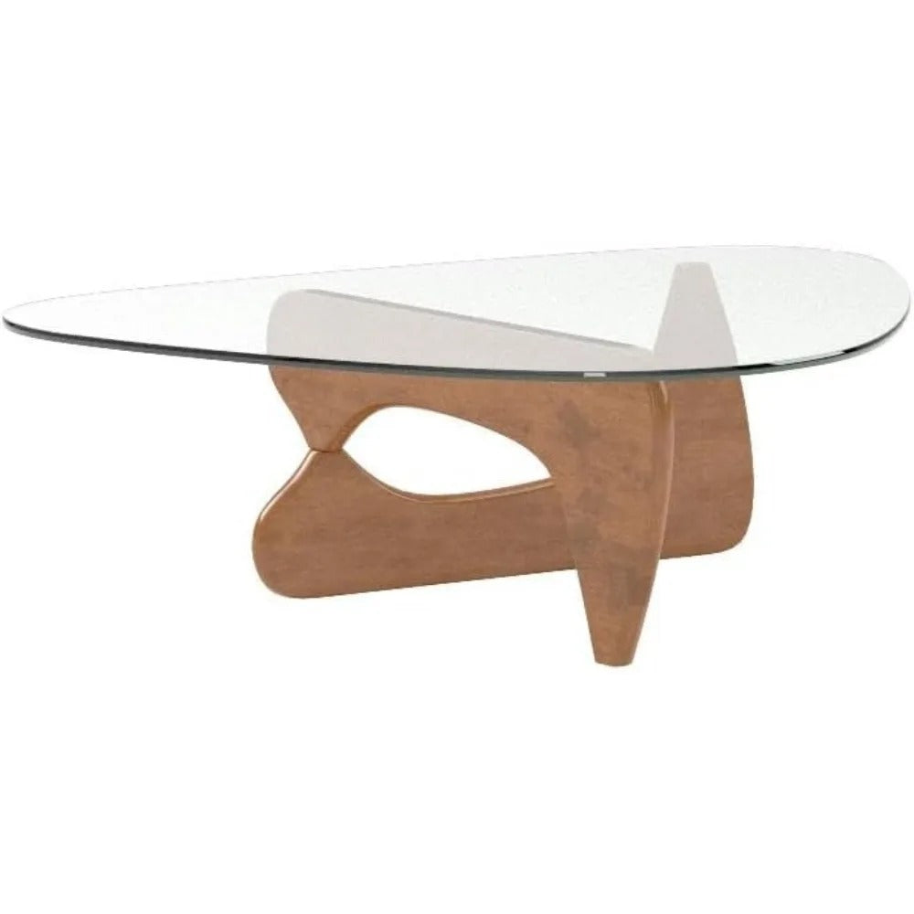 Modern Triangle Glass Coffee Table – Mid-Century Style with Solid Wood Base & Tempered Glass Top, 50” Light Walnut Finish