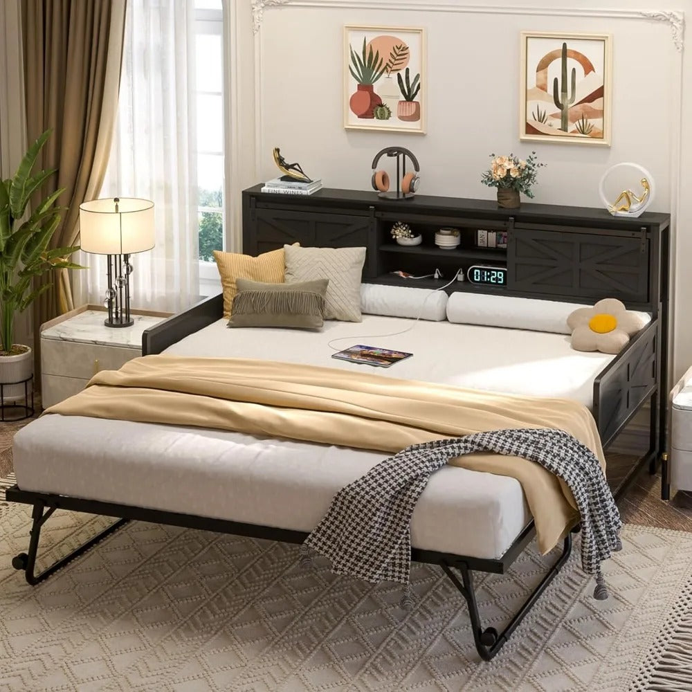 Farmhouse Twin Daybed with Trundle, Bookcase Headboard & Charging Station – Heavy-Duty Metal Sofa Bed Frame with Sliding Barn Doors (Black)