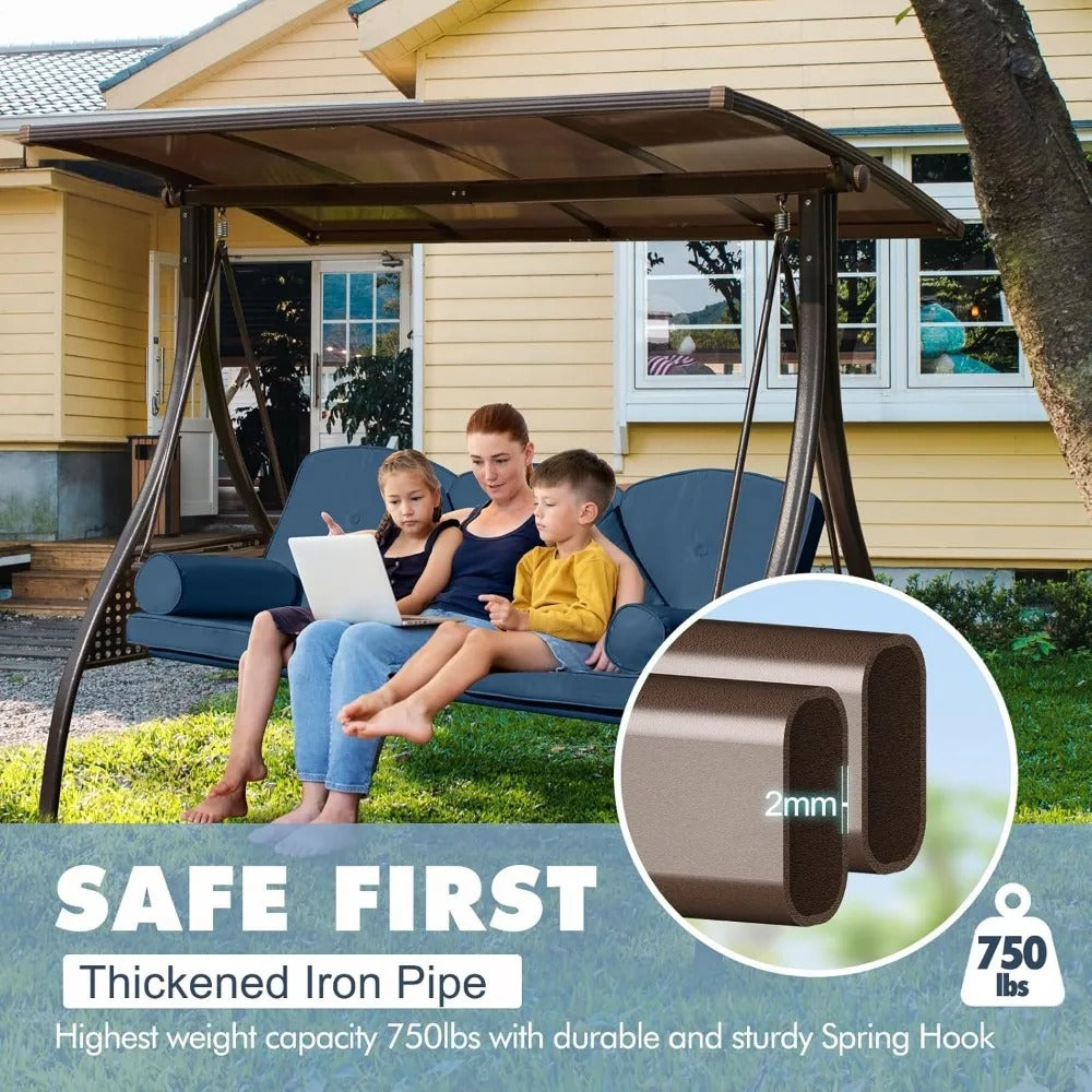 3-Seat Convertible Patio Swing with Adjustable Hardtop – Outdoor Porch Swing Bed with Thick Cushions, Cup Holders & Steel Frame