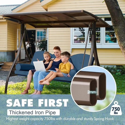 3-Seat Convertible Patio Swing with Adjustable Hardtop – Outdoor Porch Swing Bed with Thick Cushions, Cup Holders & Steel Frame