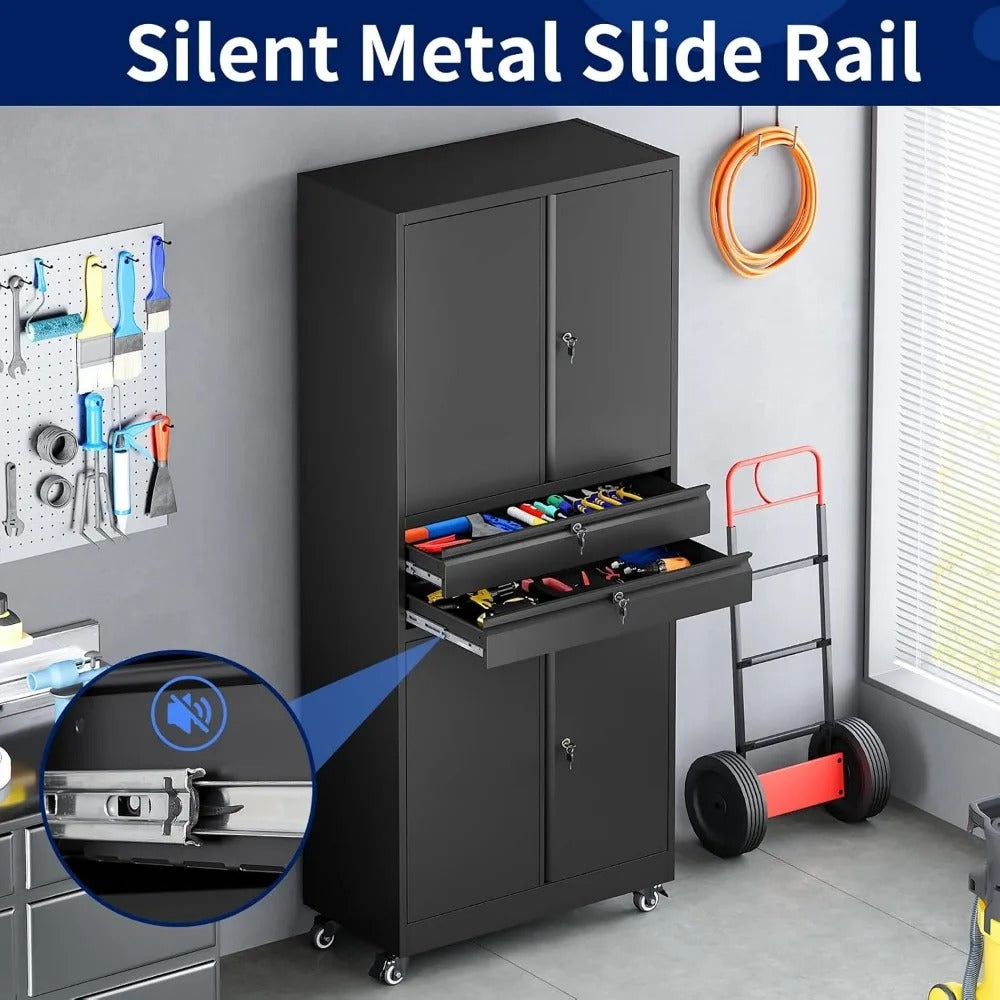 Heavy-Duty Metal Storage Cabinet with Lock, Drawers & Wheels