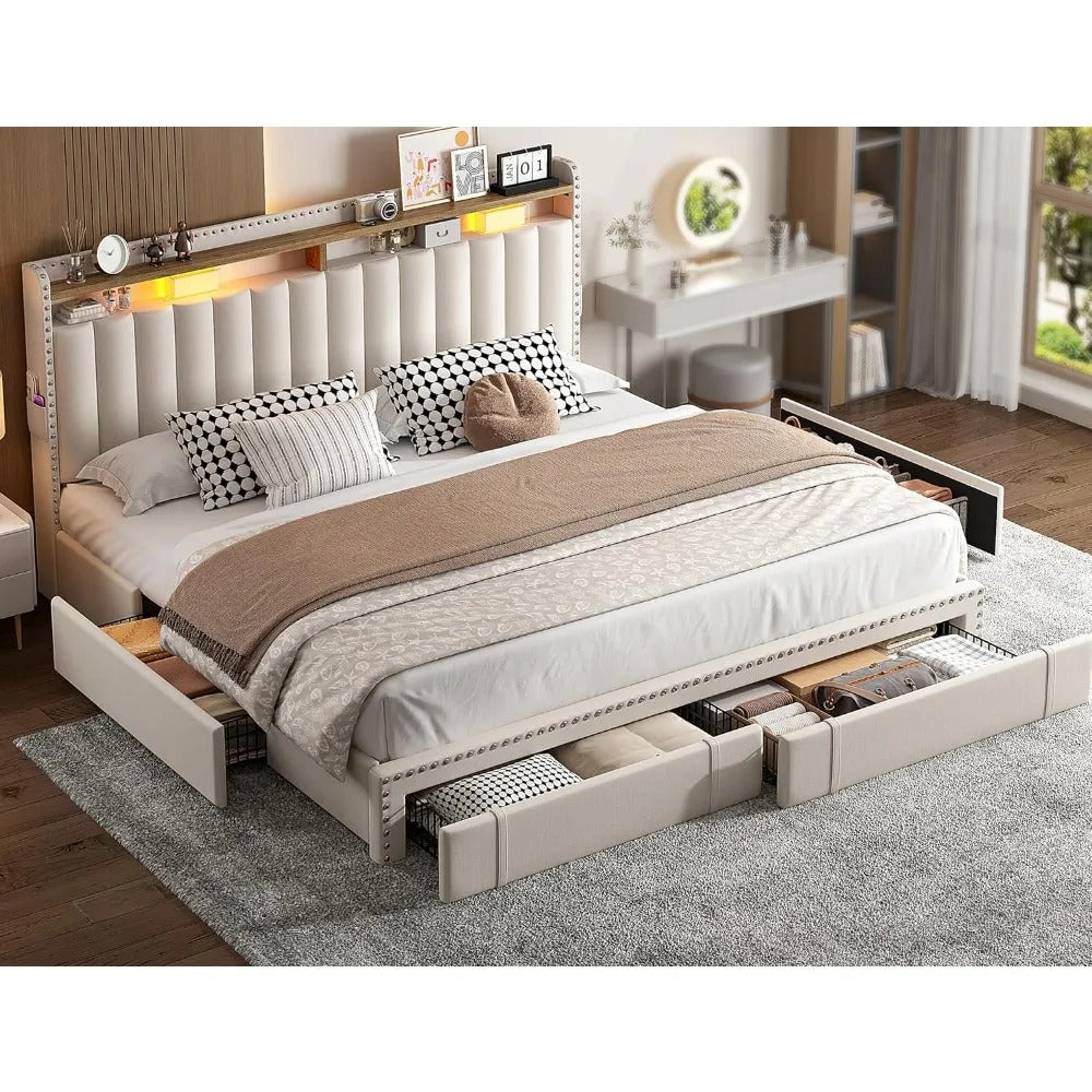 King Size Bed Frame with Storage Drawers & Headboard Shelves – Upholstered Platform Bed, 900 lb Support, Beige