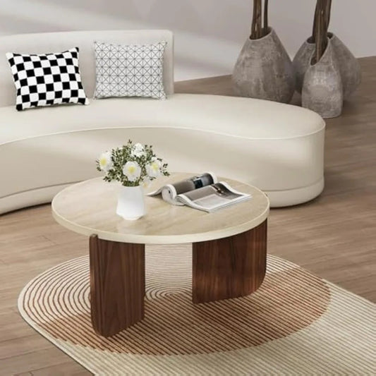 28" Round Travertine Coffee Table – Minimalist Faux Stone Table with Oak Wood Base (Beige Yellow)