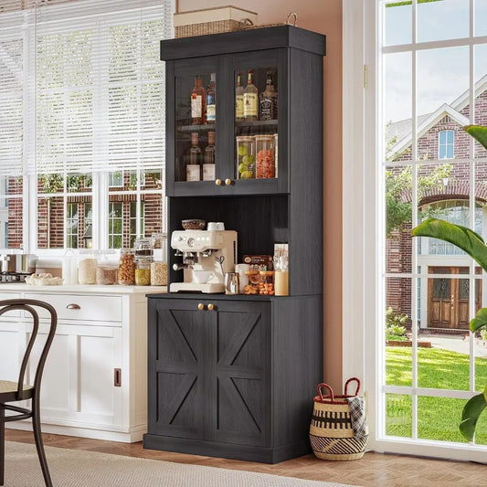 71" Tall Farmhouse Storage Cabinet with Glass Doors & Drawers – Modular Bookcase with Countertop & Adjustable Shelves