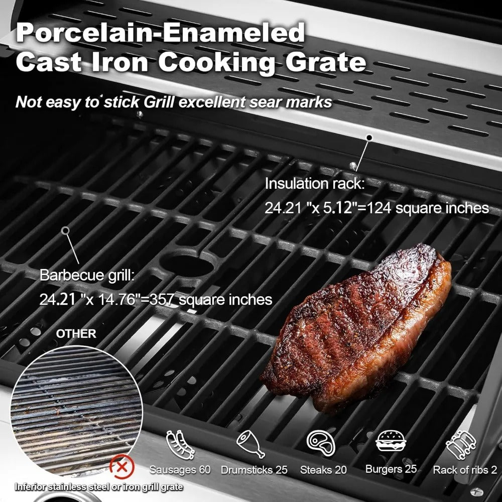 4-Burner Propane Gas Grill with Side Burner – 481 Sq. In. Cooking Space, Lockable Wheels, and Storage Cabinet