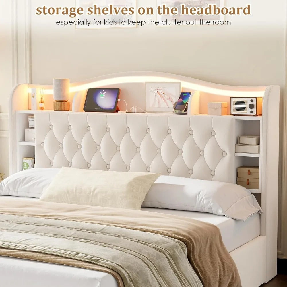 King Bed Frame with Storage, LED Lights & USB Ports – Upholstered with Lift-Up Hydraulic Design
