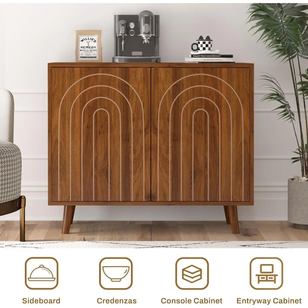 63" Modern Walnut Sideboard Cabinet – Set of 2 Decorative Storage Buffets with Carved Detail