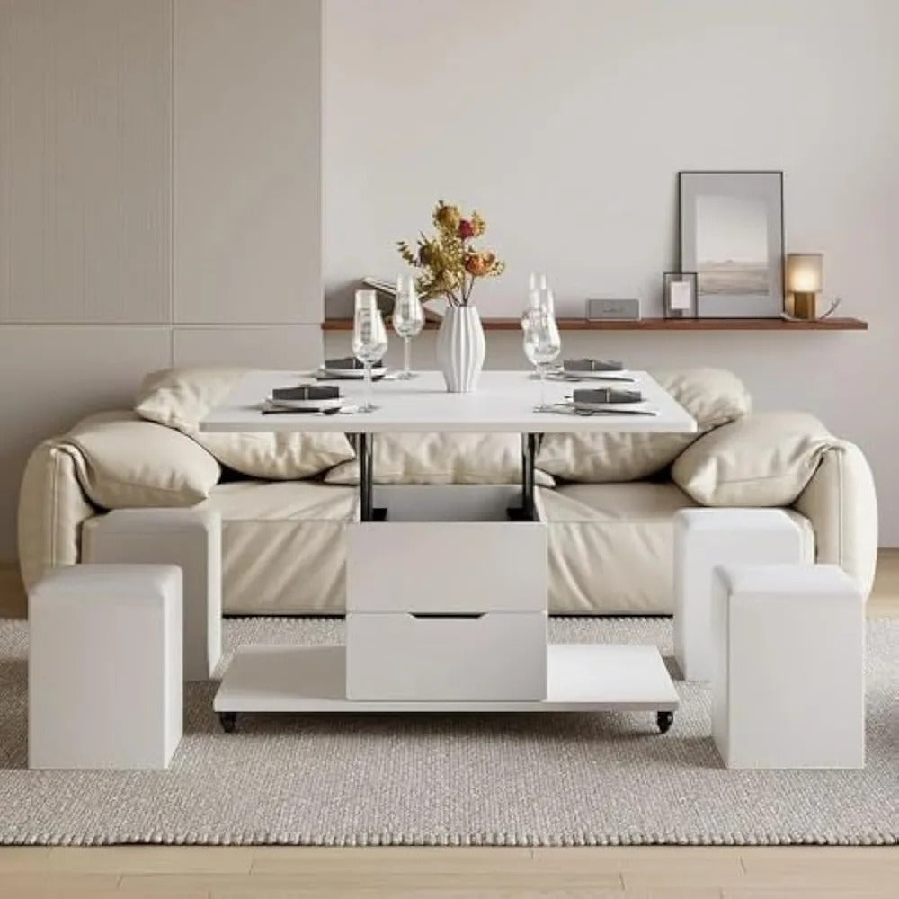 3-in-1 White Lift Top Coffee Table with Storage, Folding Dining Table & 4 Hidden Stools on Casters