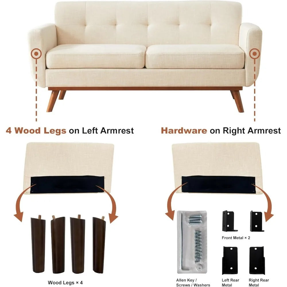 Mid-Century Modern 65" Loveseat Sofa – Tufted Upholstered Couch for Living Room, Beige Fabric with Solid Wood Legs