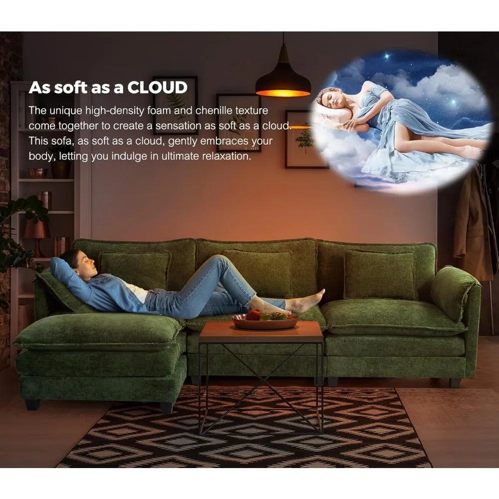 113" Modular L-Shaped Cloud Sofa with Ottoman, Deep Seat Sectional for Living Room – Green