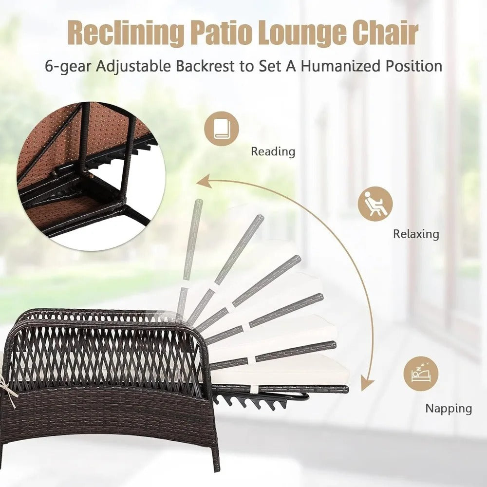 2-Piece Outdoor PE Rattan Chaise Lounge Chairs – Adjustable Recliners with Cushions & Pillows