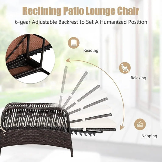 2-Piece Outdoor PE Rattan Chaise Lounge Chairs – Adjustable Recliners with Cushions & Pillows