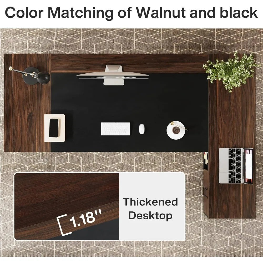 Modern L-Shaped Executive Desk with Drawers & Storage – 78" Walnut Black Office Workstation