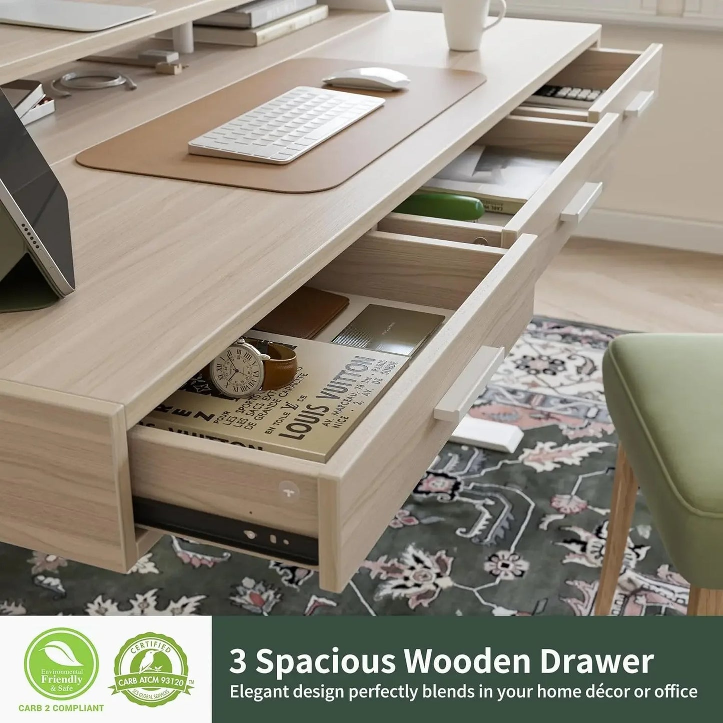 Electric Standing Desk with Drawers – 55"x26" Adjustable Height Sit-Stand Desk with Monitor Shelf & Casters (Light Walnut)