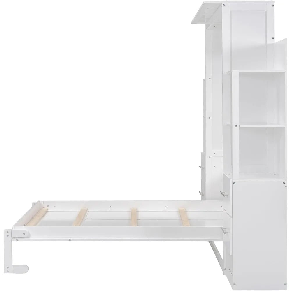 Full Size Modern Murphy Bed with Storage, Drawers & LED Lights – Foldable Wall Bed Cabinet for Space-Saving Rooms
