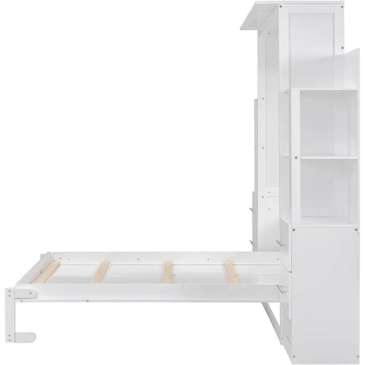 Full Size Modern Murphy Bed with Storage, Drawers & LED Lights – Foldable Wall Bed Cabinet for Space-Saving Rooms