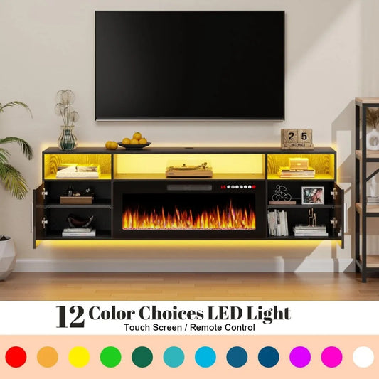 70" Wall-Mounted Floating TV Stand with 36" Electric Fireplace – Modern Entertainment Center with LED Lights & Storage Cabinets