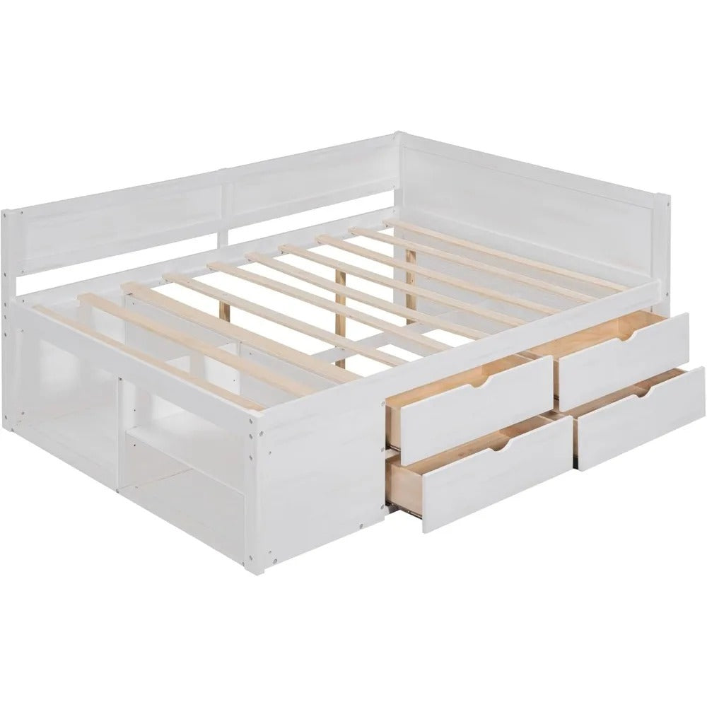 Full Size Daybed with Storage Drawers & Shelves – Solid Wood Sofa Bed Frame for Kids, Teens, or Guest Room (White)