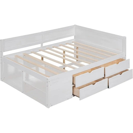 Full Size Daybed with Storage Drawers & Shelves – Solid Wood Sofa Bed Frame for Kids, Teens, or Guest Room (White)