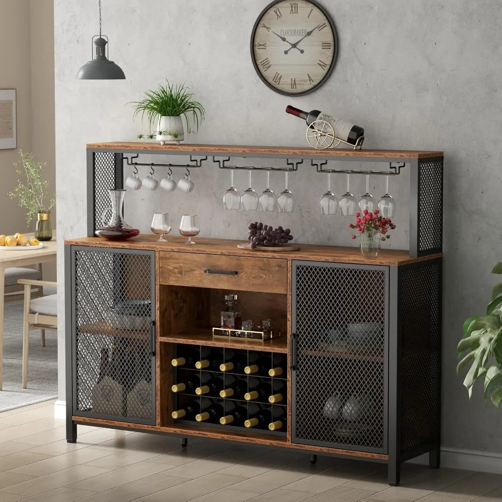 55” Industrial Wine Bar Cabinet with Drawer, LED Lights, Wine Rack & Glass Holder – Coffee Bar Sideboard for Kitchen or Dining Room