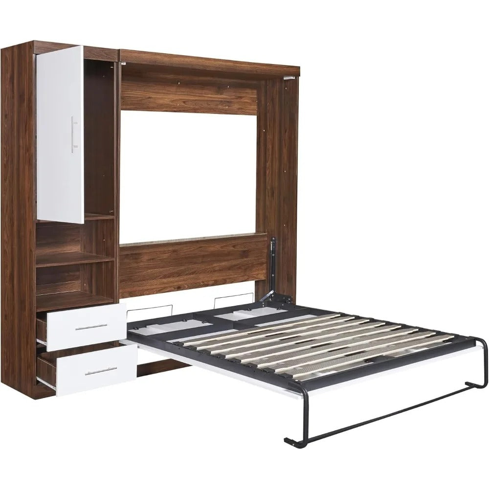 Full Size Murphy Bed with Storage Cabinets & Shelves – Space-Saving Foldable Wall Bed in White + Wood