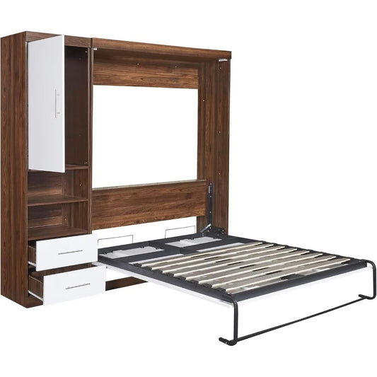 Full Size Murphy Bed with Storage Cabinets & Shelves – Space-Saving Foldable Wall Bed in White + Wood