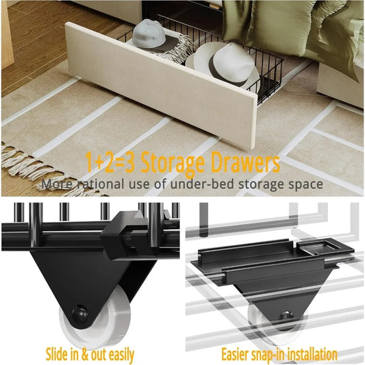 Full Size Upholstered Bed Frame with Storage Headboard, Charging Station & 3 Drawers – No Box Spring Needed, Beige Linen