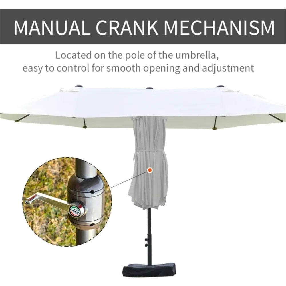 15FT Double-Sided Patio Umbrella with Base & Sand Bag – Extra Large Outdoor Sun Shade with Crank & Vents, UV-Resistant, White