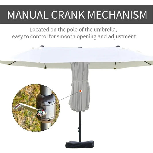 15FT Double-Sided Patio Umbrella with Base & Sand Bag – Extra Large Outdoor Sun Shade with Crank & Vents, UV-Resistant, White