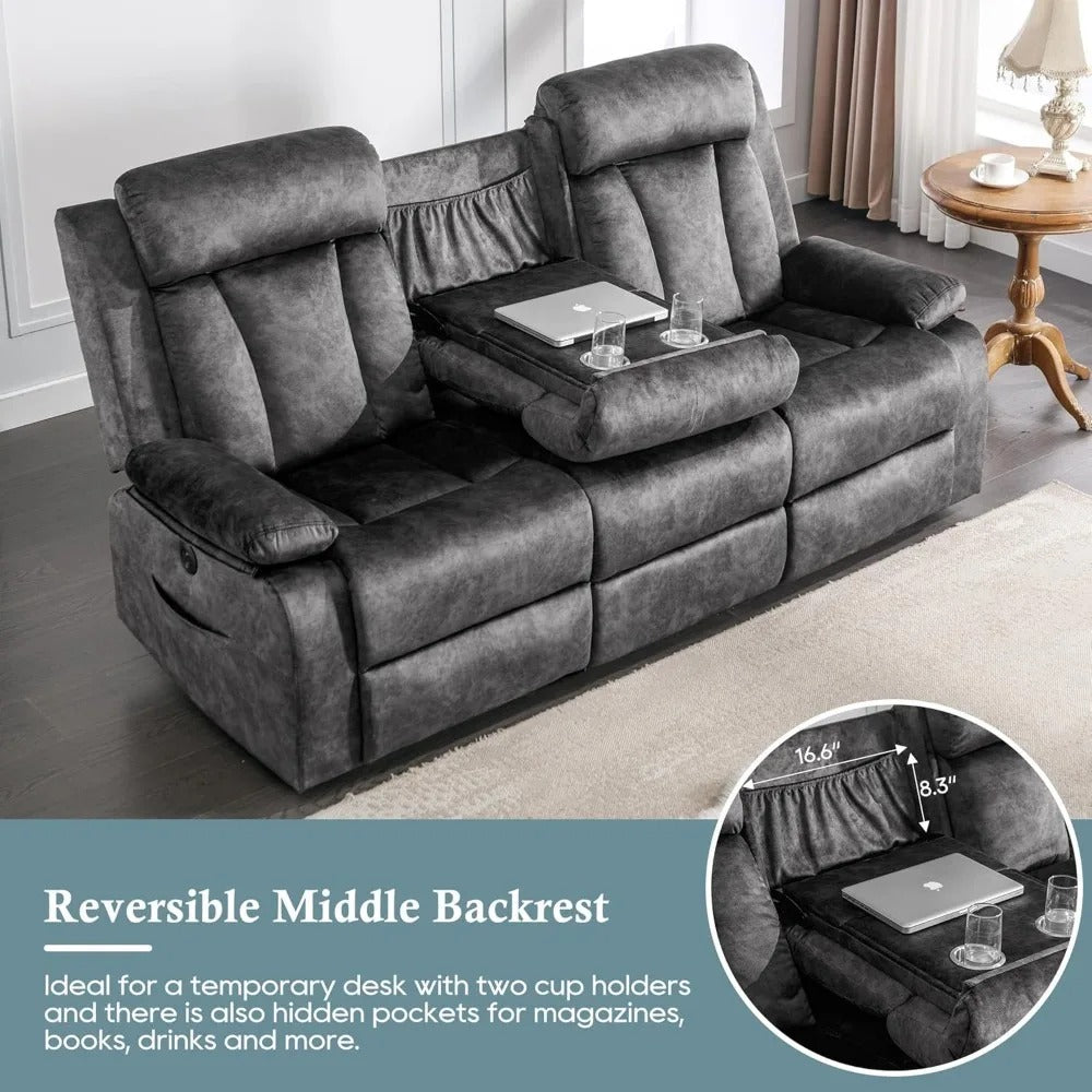 3-Seater Power Reclining Sofa with Massage & Heat – USB/Type-C Ports, Drop-Down Table, Cup Holders & Storage | Dutch Velvet Couch