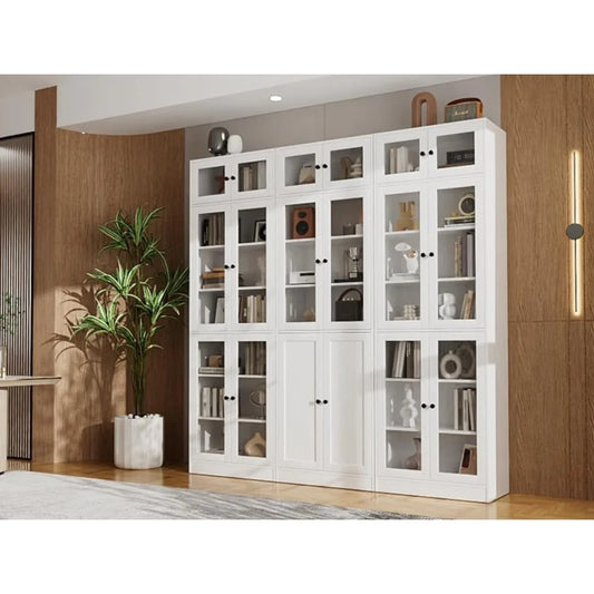 85.5" Tall White Curio Cabinet with Glass Doors – 7-Tier Bookcase & Display Shelf for Living Room, Kitchen, or Office
