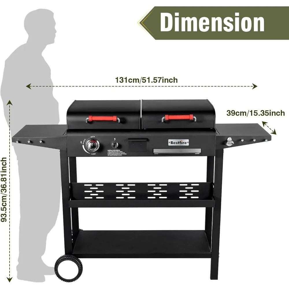 Dual Fuel Gas & Charcoal Grill Combo – Portable BBQ Grill with Flat Top, Side Shelves & Dual Lids