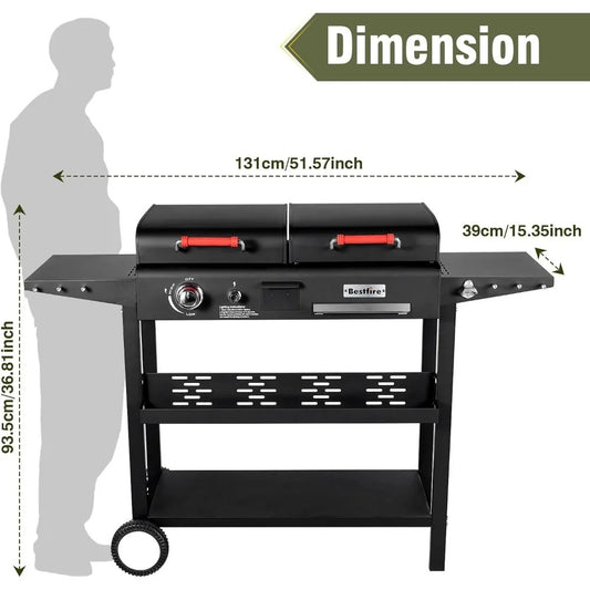 Dual Fuel Gas & Charcoal Grill Combo – Portable BBQ Grill with Flat Top, Side Shelves & Dual Lids