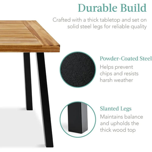 6-Person Acacia Wood Dining Table – Indoor/Outdoor Picnic Table with Metal Legs, 350 lb Capacity