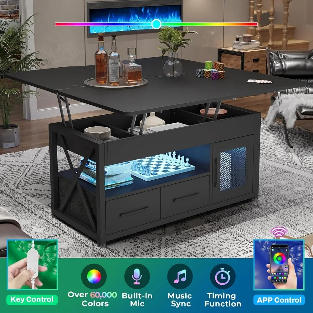 40" Lift Top Coffee Table with Storage – 4-in-1 Multi-Functional Table with Drawers, Cabinet, RGB LED Lights & Hidden Compartments for Living Room