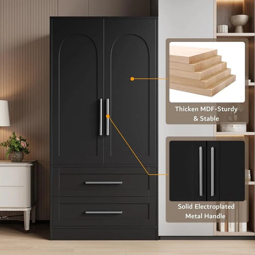 Modern Black Wooden Wardrobe Closet with 2 Drawers & Shelves – Dustproof, Durable & Space-Saving Design