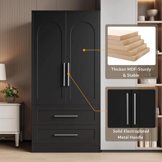 Modern Black Wooden Wardrobe Closet with 2 Drawers & Shelves – Dustproof, Durable & Space-Saving Design