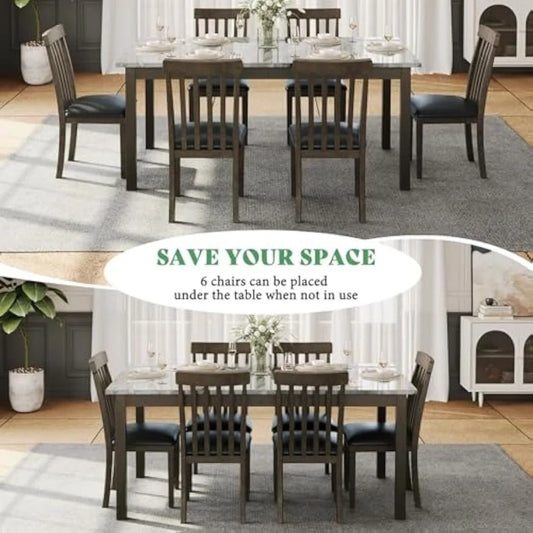 7-Piece Dining Table Set with Faux Marble Top – Includes 6 PU Leather Upholstered Chairs & Solid Wood Frame (Seats 6)
