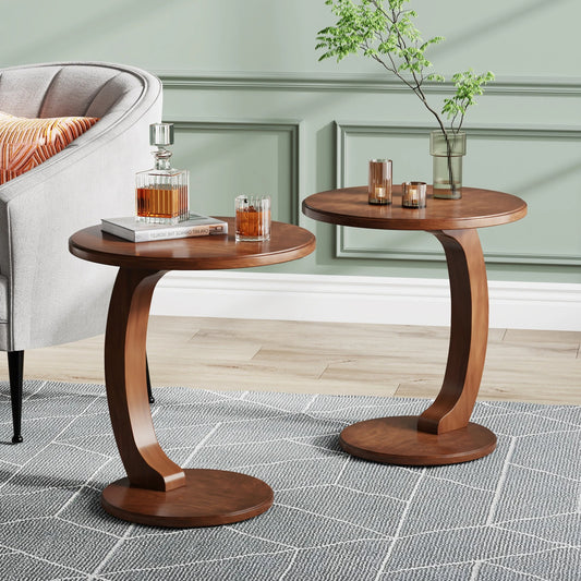 C-Shaped Round End Table – Retro Wood Side Table for Couch, Bed, or Living Room
