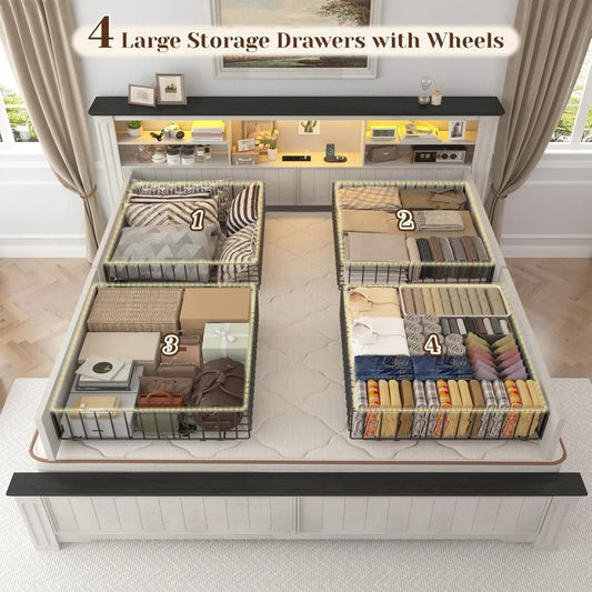 King Bed Frame with LED Lights, USB Ports & 4 Storage Drawers – Modern Platform with Headboard