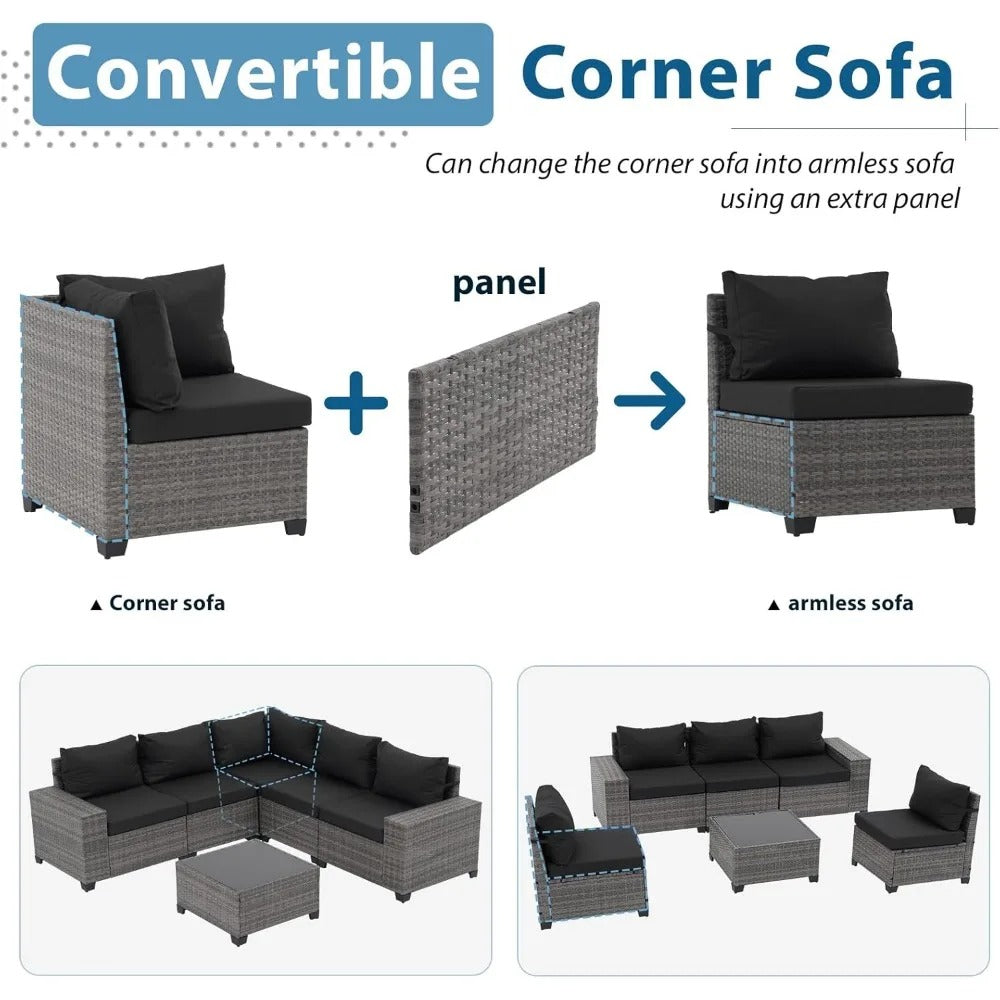 6-Piece Outdoor Wicker Patio Furniture Set – Sectional Sofa with Coffee Table, Dual Cushion Covers, All-Weather PE Rattan & Powder-Coated Frame