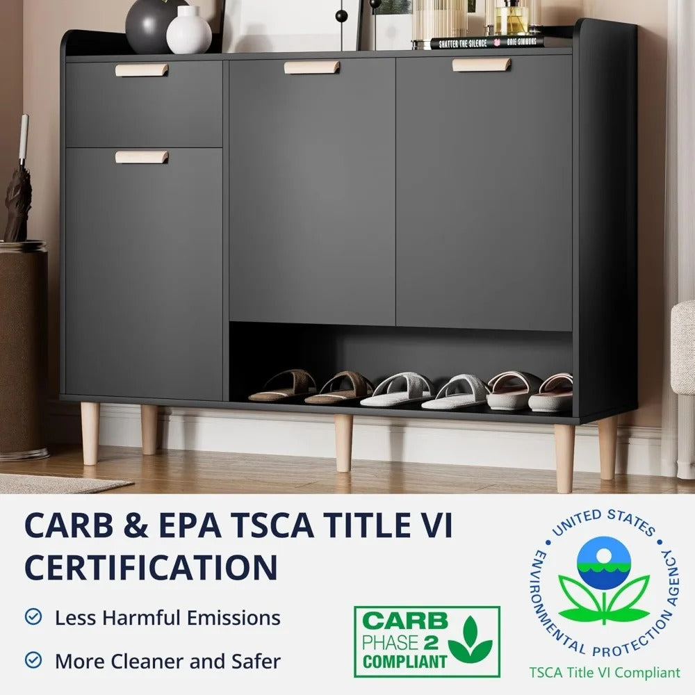 Modern Shoe Cabinet with Drawer & Doors – 4-Tier Adjustable Wood Shoe Organizer for Entryway, Hallway, or Bedroom