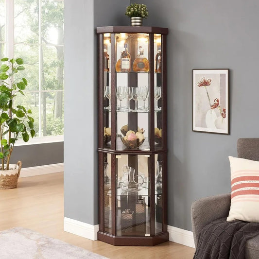 70" Corner Curio Cabinet with Light – Glass Display Cabinet with Adjustable Shelves & Tempered Glass Doors (Dark Cherry)