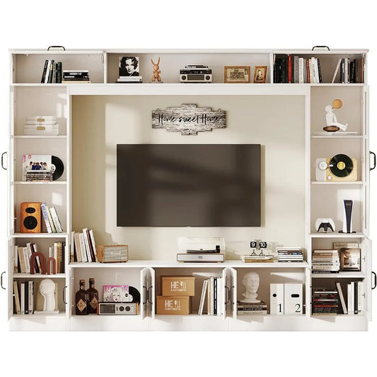 98" Wall Unit Entertainment Center with LED Lights – TV Stand with Storage, Bookshelves & Cabinets for TVs up to 80", White Modern Design