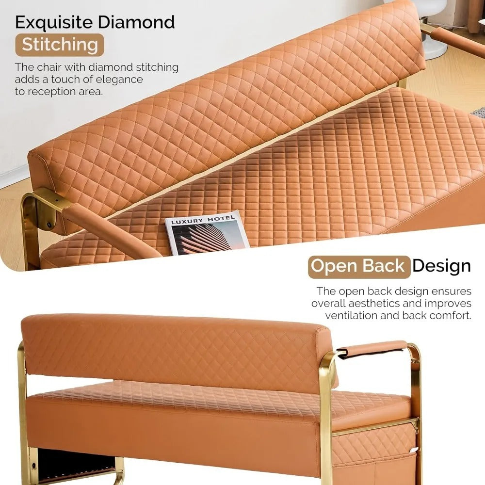 57.5" Waiting Room Bench with Back – PU Leather 3-Seater Guest Chair with Gold Frame for Office, Salon, Lobby, or Reception Area