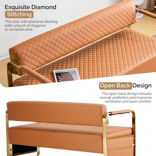 57.5" Waiting Room Bench with Back – PU Leather 3-Seater Guest Chair with Gold Frame for Office, Salon, Lobby, or Reception Area