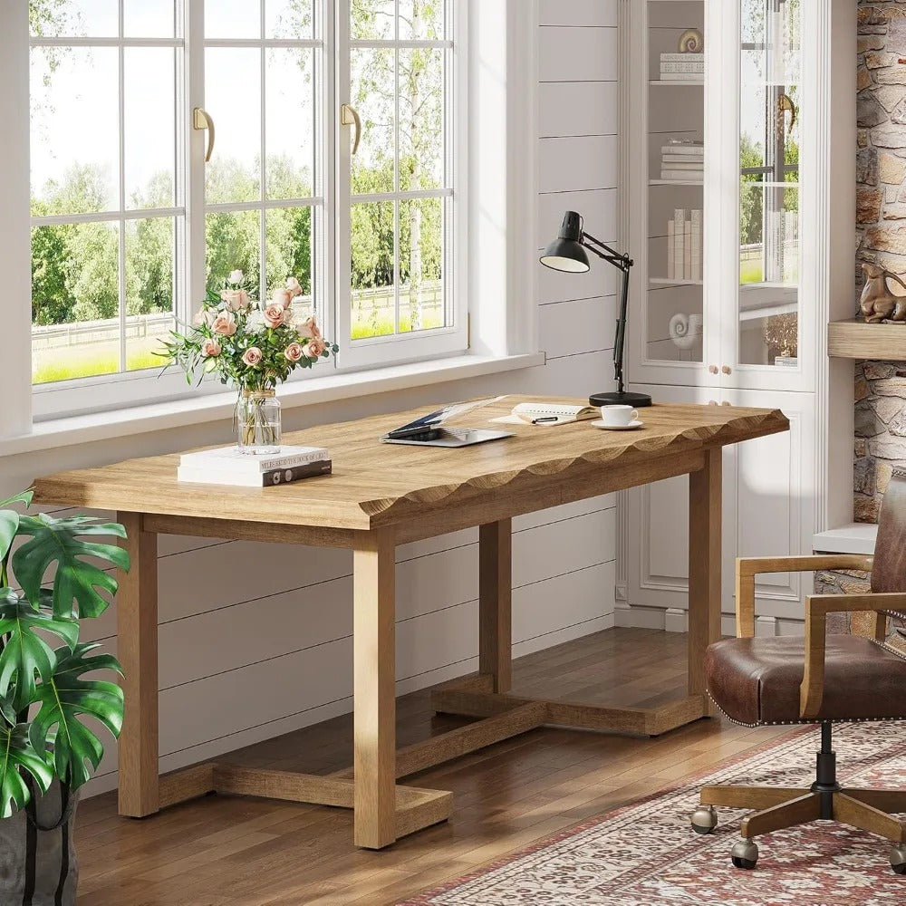63-Inch Computer Desk – Modern Rectangular Writing Table with Solid Wood Legs & Thickened Desktop for Home Office or Study